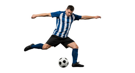 Fototapeta premium Dynamic soccer player in blue and white uniform prepares to kick the ball with determined focus and outstretched arms demonstrating athletic prowess