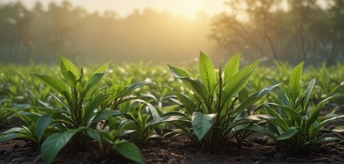 Obraz premium Dew-kissed green tea leaves and buds at sunrise , environment, healthy, farm