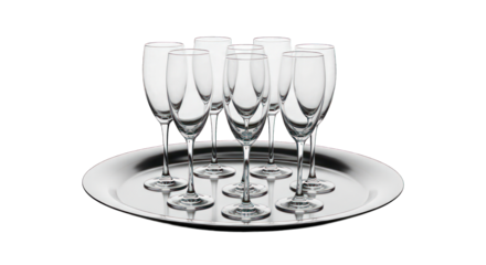 Seven empty glasses on shiny, round tray, isolated on black background