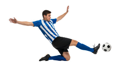 Dynamic soccer player in mid-air kick showcasing athletic prowess and determination within a clean studio environment