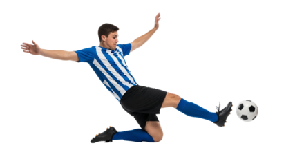 Dynamic soccer player in mid-air kick showcasing athletic prowess and determination within a clean studio environment