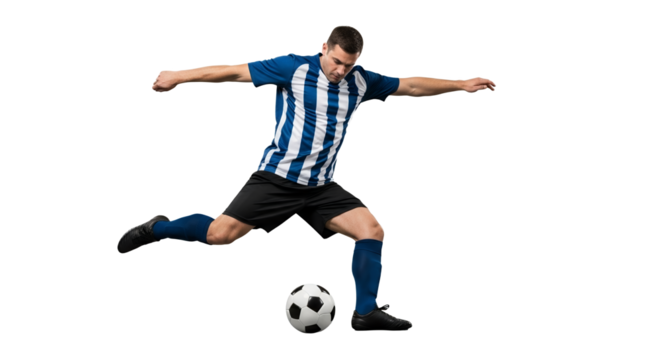 Dynamic soccer player in blue and white uniform prepares to kick the ball with determined focus and outstretched arms demonstrating athletic prowess