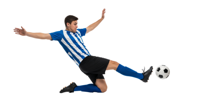 Dynamic soccer player in mid-air kick showcasing athletic prowess and determination within a clean studio environment