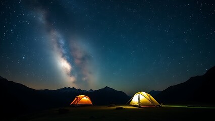 A glowing tent beneath the Milky Way in a serene mountain landscape, capturing tranquil camping under natural light.