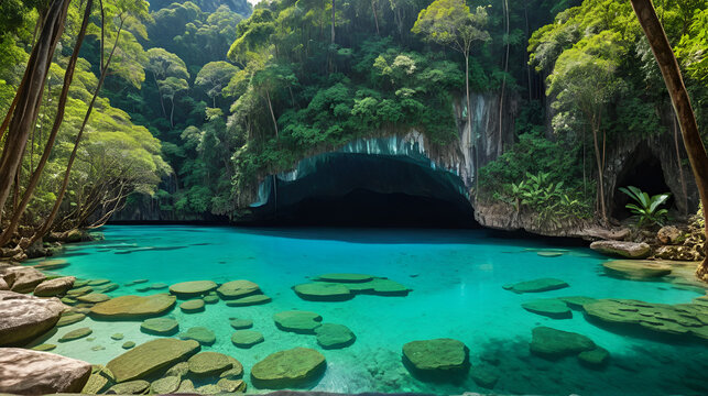 Emerald Pool (Sra Morakot) in Krabi province, Thailand. Beautiful nature scene of crystal clear blue water in tropical rainforest.