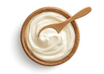 Wooden bowl of creamy yogurt with a wooden spoon