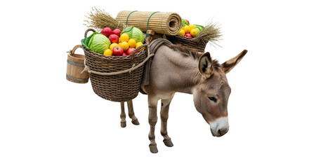 Donkey carrying baskets filled with harvest produce, symbolizing agricultural labor and market transport with a focus on rural lifestyle and tradition