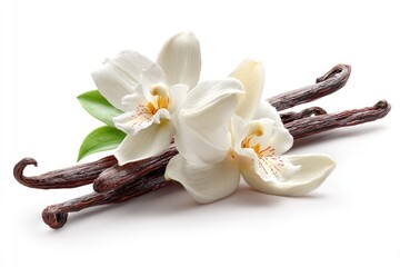 Vanilla orchid and pods on white background