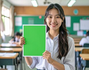 Happy Asian Student Holding Green Sign in Classroom Promoting Education and Opportunity