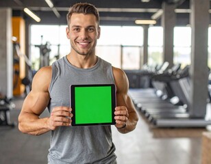 Fitness Trainer Holding Tablet with Green Screen in Gym