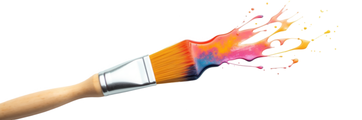 Vibrant paintbrush with colorful splashes against a stark black background.