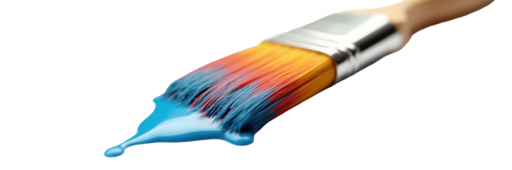 A paintbrush drips vibrant blue paint, showcasing the colorful bristles against a stark black background.