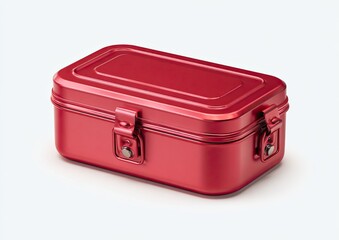 Red metal box, rectangular shape,  with  clasps.  Glossy finish, simple design