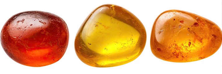 Three polished, translucent stones in shades of amber and orange, set against a plain white background