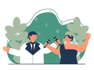 Bridal couple singing duet at wedding ceremony. Wedding illustration. Flat vector illustration.