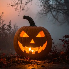 A glowing jack-o'-lantern illuminates a misty autumn night, embodying the spooky spirit of Halloween with its eerie smile and warm light