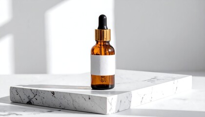 Amber Glass Dropper Bottle Mockup On White Marble Slab With Blank Label And Soft Daylight Background
