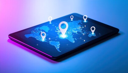 Abstract World Map Displayed On Tablet Screen Illuminated With White Pin Icons Over Blue And Purple Gradient Background