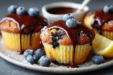 Close-up of blueberry muffins drizzled with chocolate