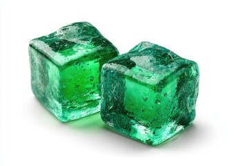 Obraz premium Two vibrant emerald green, square ice cubes sit on a white background, showcasing a glassy, slightly textured surface