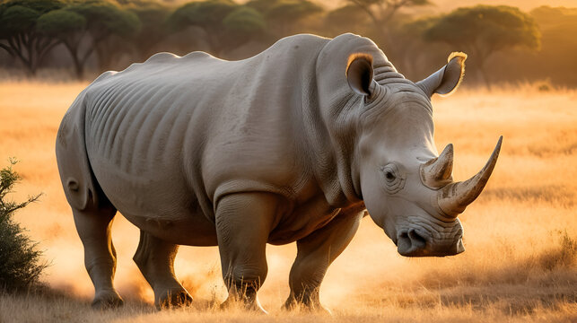 A big white rhino bull breathing in golden light