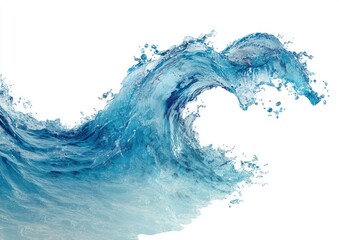 A dynamic ocean wave cresting, splashing, and cascading.  A vibrant blue wave with splashes of water, isolated against a pure white background
