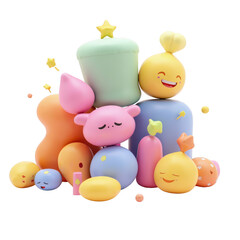 Obraz premium A vibrant and whimsical arrangement of playful, abstract shapes in pastel colors, with expressive faces and a joyful, carefree mood.