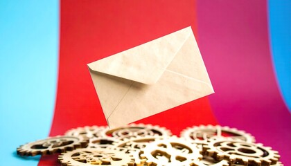 Brown Envelope With Orbiting Gear Elements Against A Bright Red Blue Gradient Background