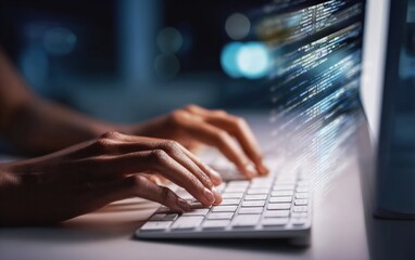 Software developer typing on a keyboard, with streams of code flowing from the computer in a dimly lit office during the night