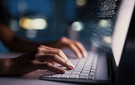 Programmer working at night writing code on a laptop keyboard, lines of code coming out of the screen