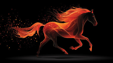 Abstract fiery horse running with vibrant mane on black background  