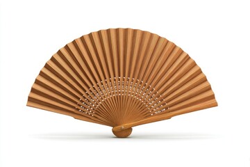 Light brown hand fan, open, on white