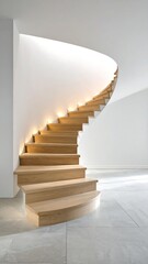 Curving Wooden Staircase Illuminated By Recessed Lighting Against White Wall Interior
