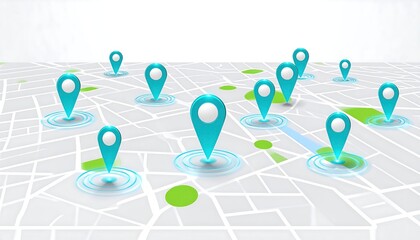 Cyan Location Pins with Pulsing Radius Rings on a Detailed Map Illustrating Hyperlocal Reach