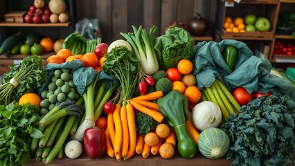Fresh organic vegetables neatly arranged on a rustic wooden market counter.