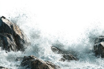 Powerful ocean waves crashing against jagged rocks.  A dramatic coastal scene with foamy whitewater surging over dark, textured rocks