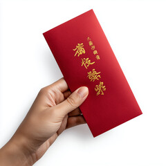 Hand holding traditional red envelope with gold writing  