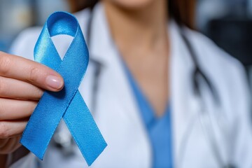 Doctor holding blue ribbon, representing prostate cancer awareness and men's health, promoting early detection and support