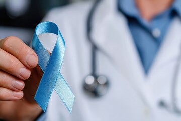 Doctor holding a light blue ribbon, symbolizing prostate cancer awareness and promoting men's health initiatives with compassion and dedication