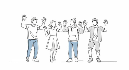 Joyful group celebrating with raised hands in a modern, minimalist style