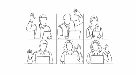 Team waving during video conference call, modern business meeting concept