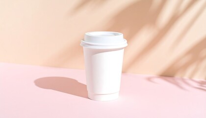 White Paper Coffee Cup With Lid on Pastel Pink Surface Casting Shadow in Soft Light