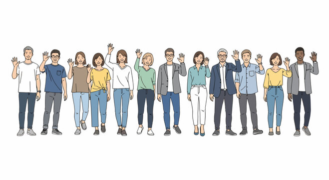 Diverse group waving hello or goodbye, fostering connection and teamwork dynamics