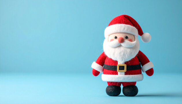 Cute felt Santa Claus plush toy figure with red suit and white beard, standing on pastel blue background, Christmas holiday decoration illustration