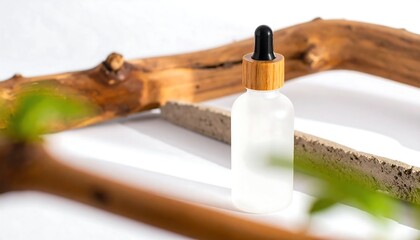 Frosted Glass Bottle Mockup with Bamboo Cap on White Surface with Wooden Branch and Green Leaves