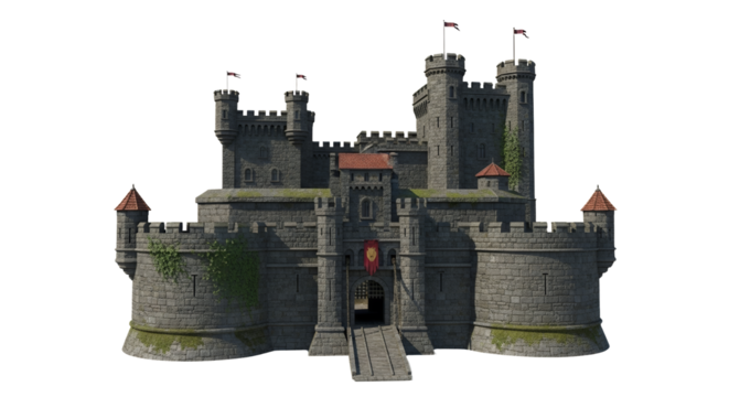 Majestic Stone Fortress: A Detailed 3D Rendering of an Imposing Medieval Castle with Towers and Ramparts against a Clear White Backdrop
