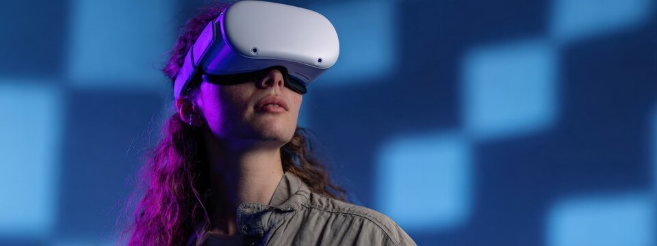 Young woman immersed in a virtual reality experience, wearing a VR headset while navigating a dynamic metaverse simulation