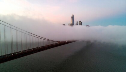 Golden Gate Bridge Partially Obscured By Fog Connecting To Cityscape View During Morning Twilight