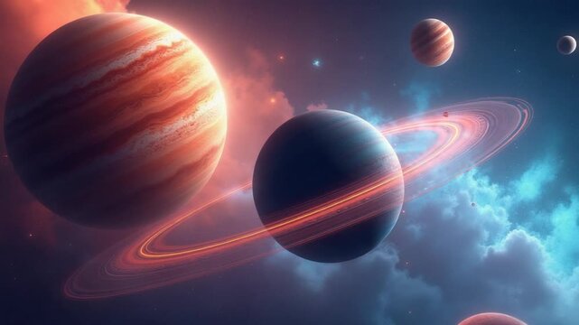 Colorful planets orbiting and rotating in space