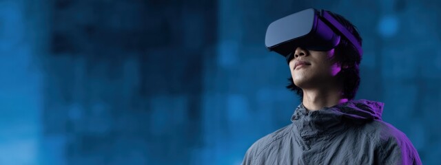 Young man wearing vr headset exploring metaverse in futuristic neon lights, virtual and augmented reality concept